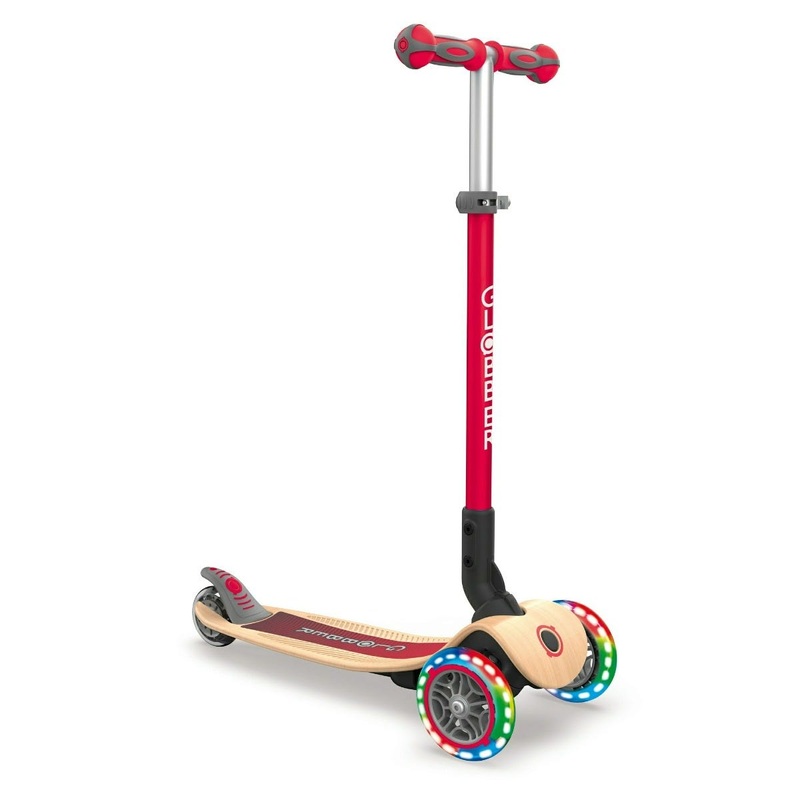 Globber Primo Wooden Foldable 3 Wheel Kids Scooter with Lights Red