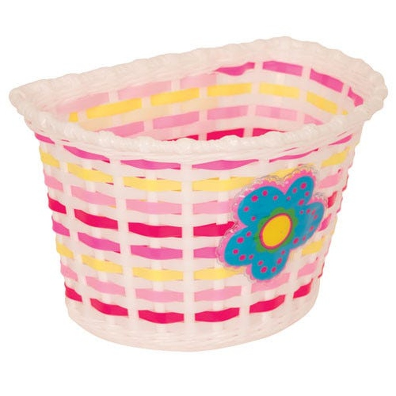 Front Basket, Kids, White with Pink Strip and Large Flowers